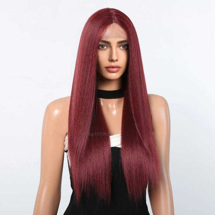 73 см Тъмно червена бургунди бордо права перука с дантела 13x4x1