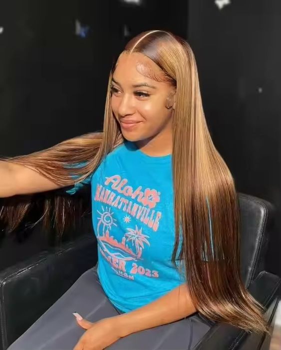 Естествена перука кафява с руси кичури 70-75 см - Lace Front 13x6