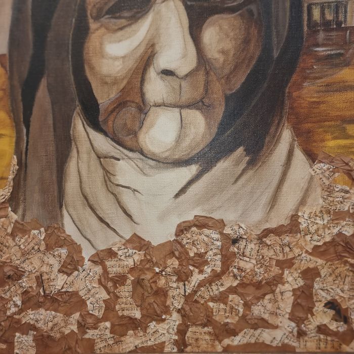 Tablou decorativ mare, tehnică mixtă (colaj + pictură pe pănză), 76×67