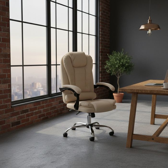 Ергономичен офис стол с лумбална опора от еко кожа в бежов цвят – комф
