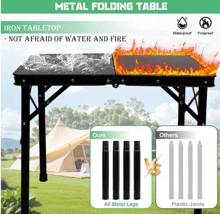 Masă pliabilă metalică pentru camping și picnic – masă outdoor pentru grădină, terasă, BBQ, pescuit, drumeții