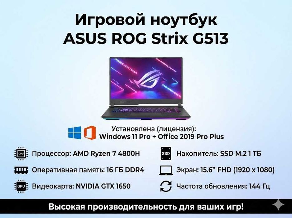 Игровой ноутбук ASUS Rog Strix (R7 4800H/ 16GB D4/ GTX1650/ 1TB M.2)