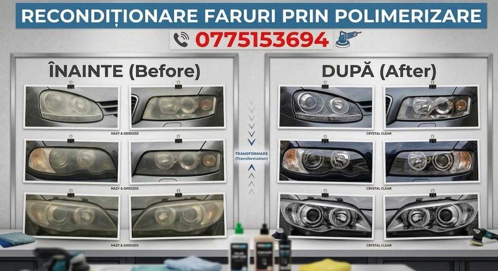 Reconditionare faruri / stopuri plastic prin polimerizare / polish faruri / polimer / protectie