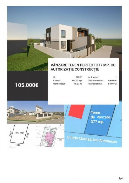 Vanzare Teren perfect 377 mp. cu Autorizatie Constructie