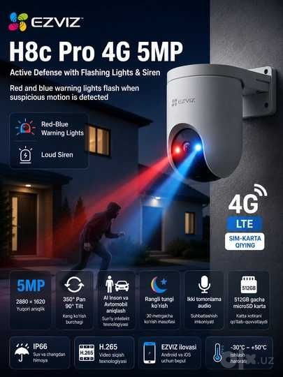 Камера EZVIZ H8c Pro (5MP) 4G + Wi-Fi