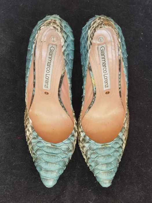 Pantofi lux stiletto toc metalic piele piton turcoaz Gianmarco Lorenzi