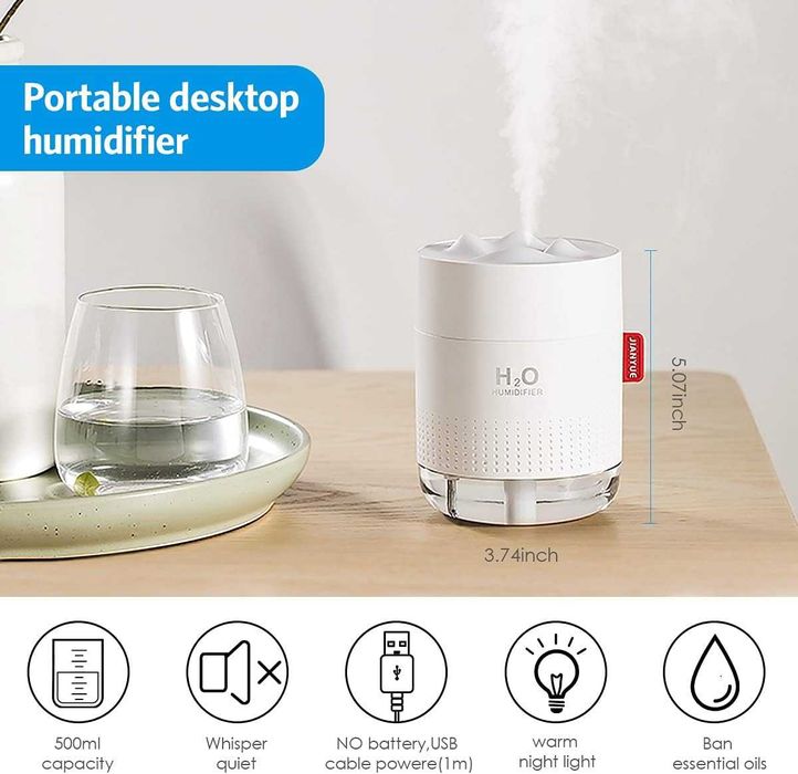 Kомпактен ултразвуков овлажнител H2O, 500мл, type C и LED нощна лампа