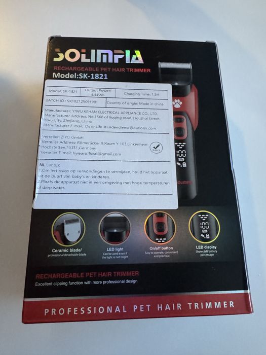 Mașină de tuns câini și pisici SOLIMPIA SK-1821 – profesională, acumulator, LED