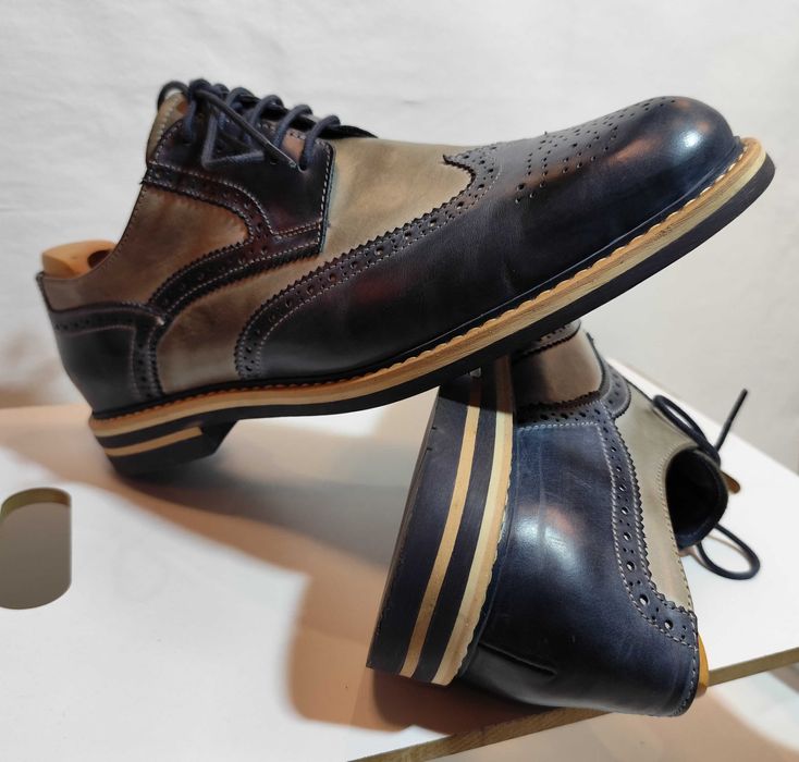 Pantofi derby 46 brogue Nicola Benson piele naturala moale navy gri