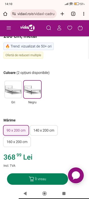 cadru pat metalic, negru, nou, sigilat, 90*200