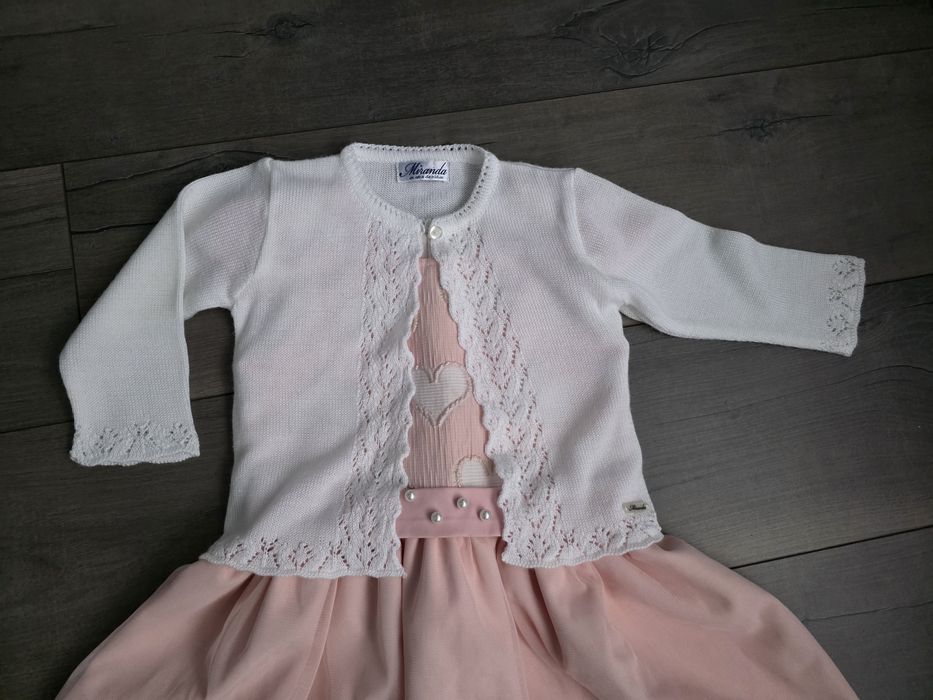 детска розова рокля  с бели сърца и перли за дете на 3-4 год - 104-110