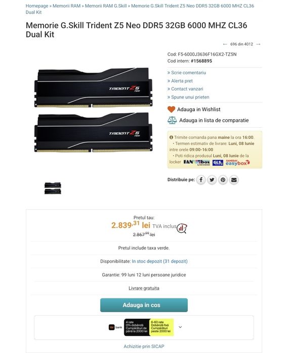 Kit Core Ultra 7 270K Plus cu Z890 si 32GB DDR5-6000 - piese noi!