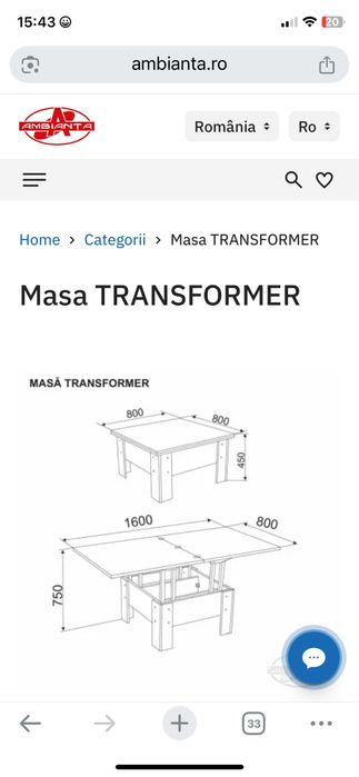 Masa extensibila model Transformer Ambianta
