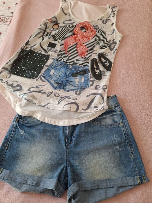 Къси дънкови панталони , къса дънкова пола,топ без ръкави
