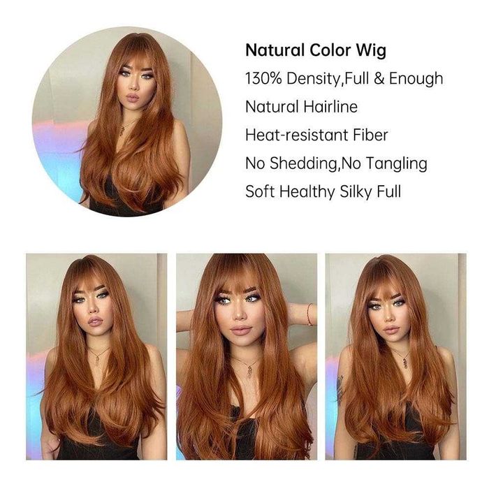 Дълга оранжева перука с тъмни корени и бретон