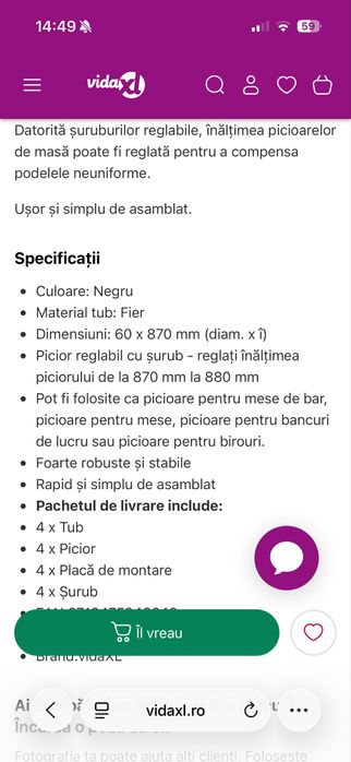 Picioare de masa inaltime reglabila vidaxl 870mm 4 bucati