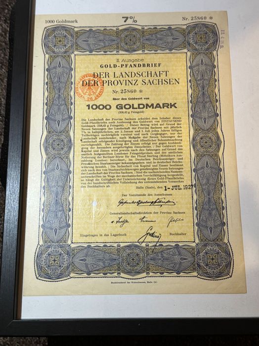 Obligațiune istorică aur Germania 1927-1000 Goldmark