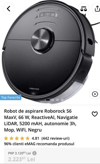 Aspirator Robot Roborock S6 MaxV ReactiveAI Navigatie LiDAR Mop WiFi