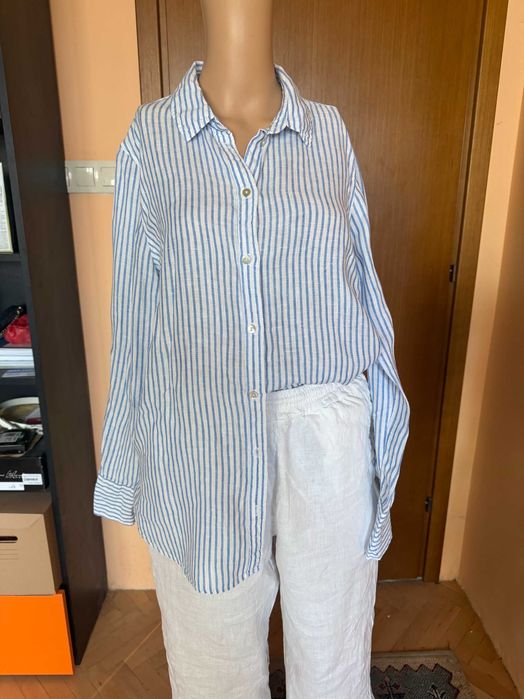 Ленена риза H&M райе синьо и бяло, размер  L/XL