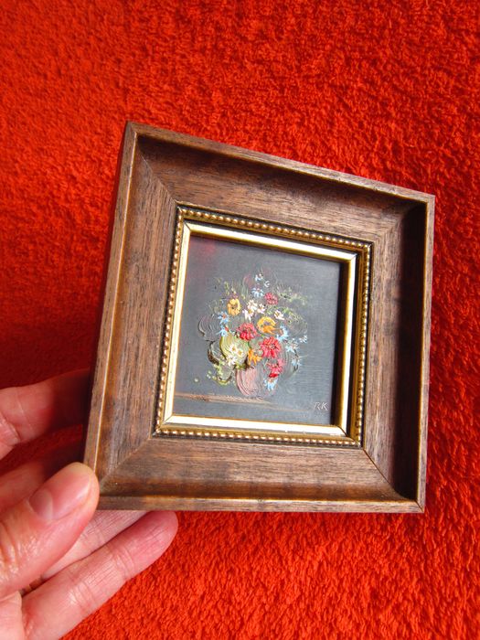 cadou rar Still Life Flowers tablou mic ulei, semnat 11x11 cm