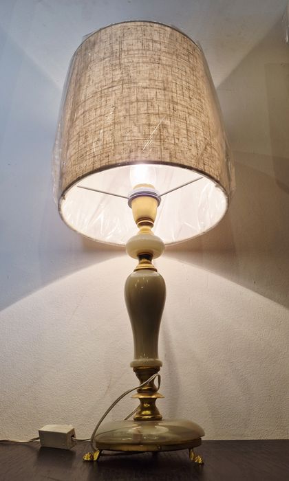 Lampă veioză de masă din alamă și marmură/onix, design vintage din anii '40, 47cm.