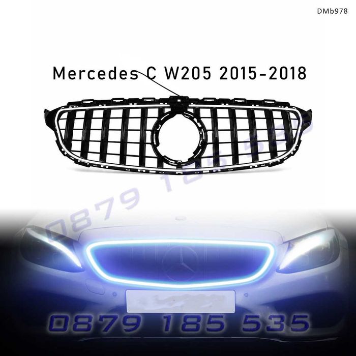 Предна решетка GT стил с LED светлина за Mercedes C W205 2015-2021, черен гланц – DMb978 светеща тунинг мерцедес ц клас tuning predna reshetka