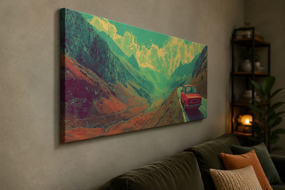 Tablou canvas panoramic Serpentine, mașină de epocă la munte, poster retro, 80×34 - 140×60 cm