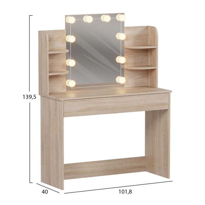 Тоалетка с LED осветление и огледало, Lauryn, Сонома или Бял цвят, Пдч, 101.8х40х139см.