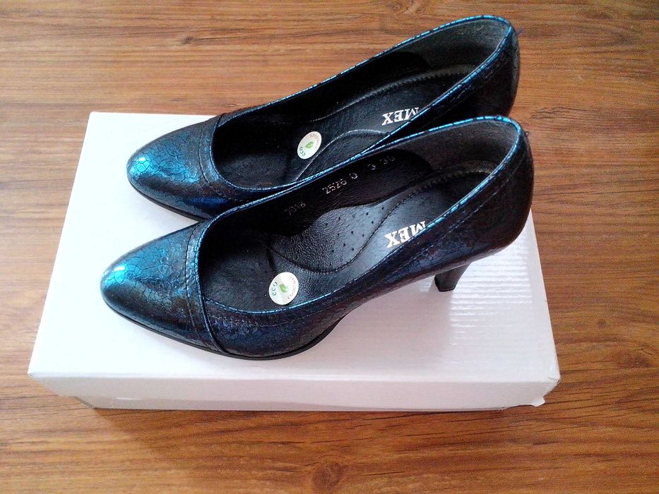 pantofi 37,piele naturala,marca Ann Mex,toc inalt,bleumarin metalizat