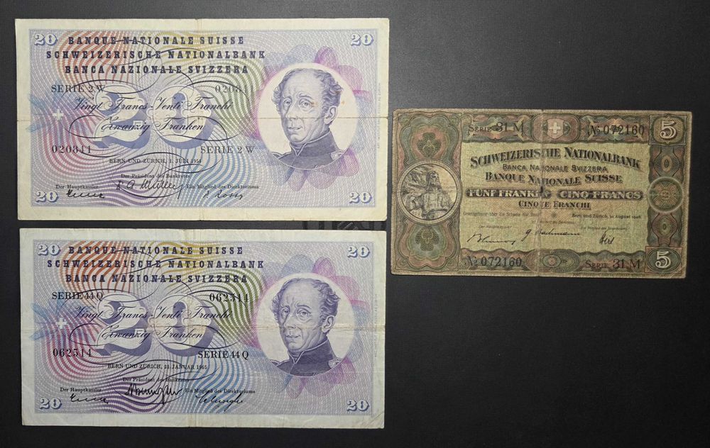 Bancnote elvețiene de 5 și 20 de franci de vânzare. Set de 3.
