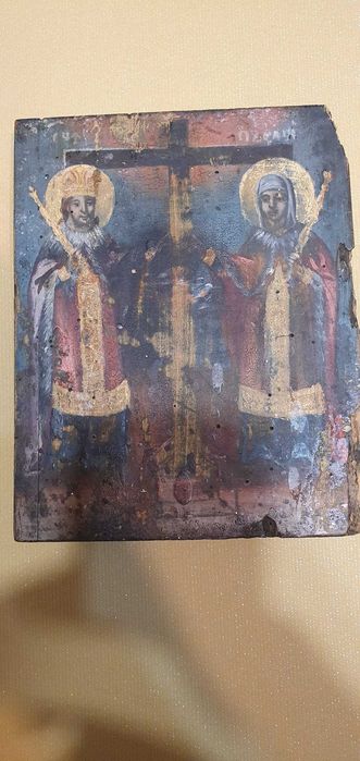 Icoană foarte rara 1858, românească Sfinții Constantin și Elena, de MATEI ZUGRAVUL.