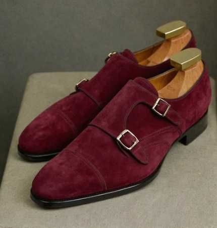 Pantofi double monk 42 42.5 de lux Lavoratione Artigianale NOI piele naturala suede rosu burgundy