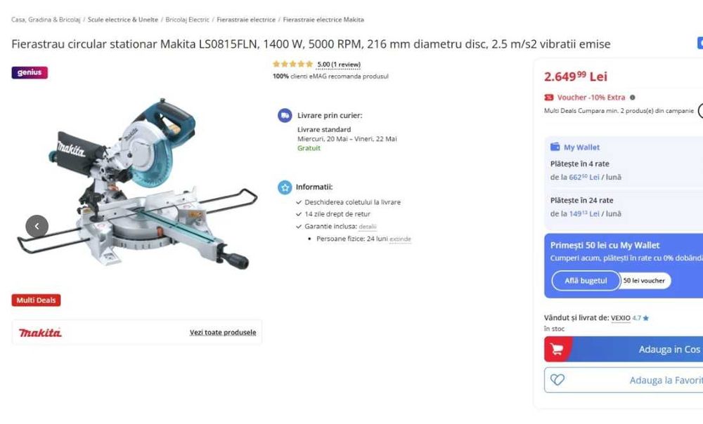 Fierastrau circular stationar Makita LS0815FLN, 1400 W, 5000 RPM