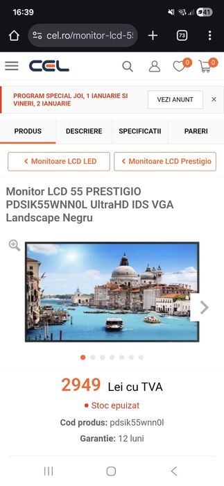 Monitor LCD 55 PRESTIGIO PDSIK55WNN0L UltraHD IDS VGA Landscape Negru