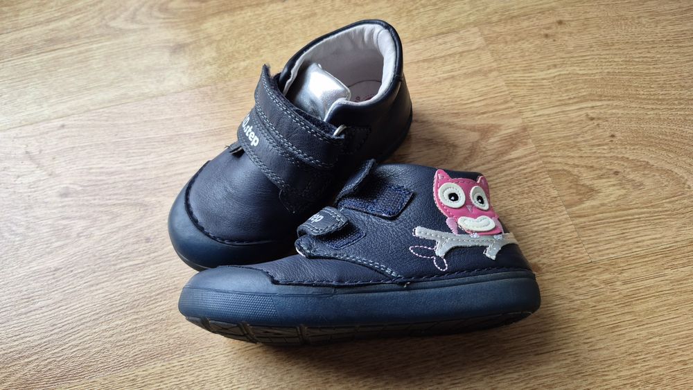 Pantofi copii, piele naturala, talpa fosforescenta, bleumarin, bufnita