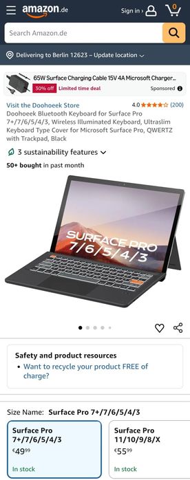 Doohoeek Bluetooth клавиатура за Surface Pro 7+/7/6/5/4/3 с подсветка