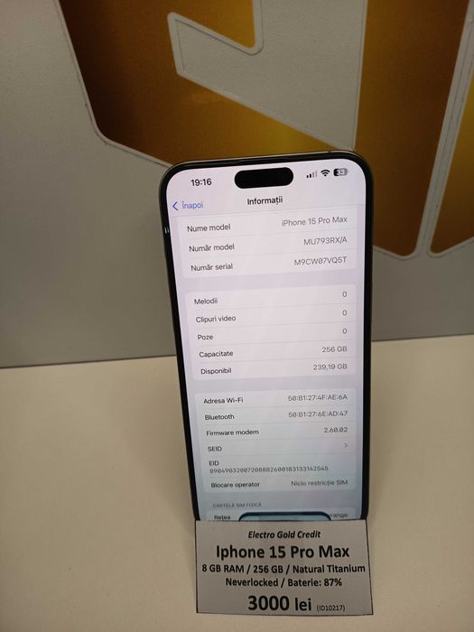 Iphone 15 Pro Max 256GB Natural Titanium/Neverlocked/Baterie: 87% ID10217