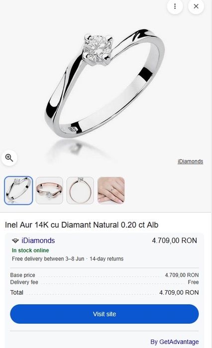Inel de logodna din aur alb 14K   diamant 0.20 ct  deosebit, ajustabil, certificat, lustruit profesional, arata ca NOU