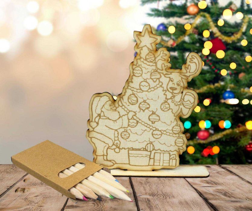 Дървена фигурка за оцветяване със стойка и моливи