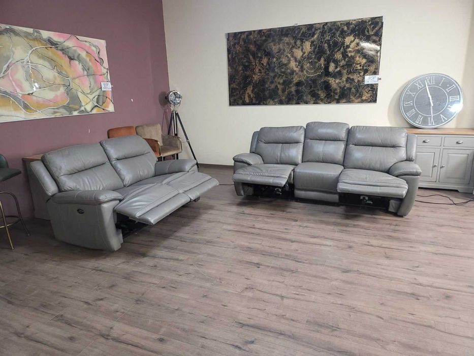 Сив кожен комплект дивани тройка и двойка с ел. релакс механизъм