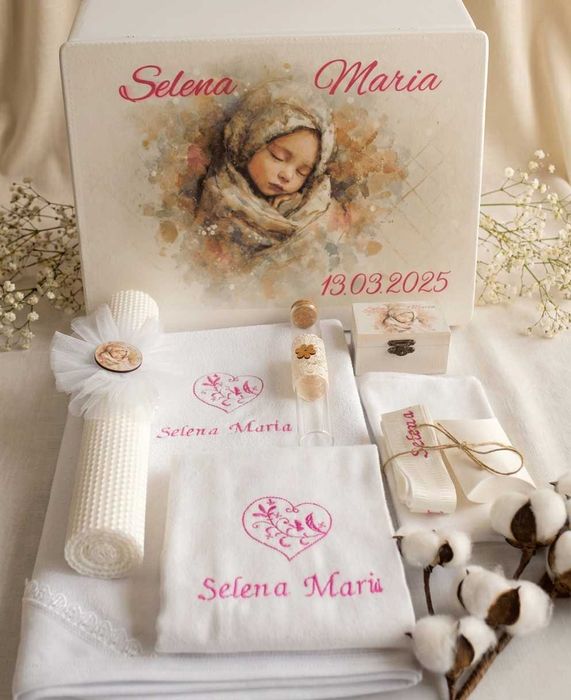 Trusou botez fetiță personalizat - complet cu cutie din lemn | Lovia