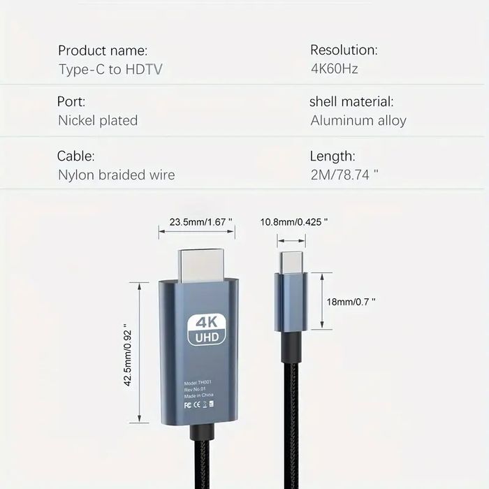 Кабель USB-C к HDTV (hdmi)- интерфейс 3.1 к HDTV 2.0, 4K/60Hz