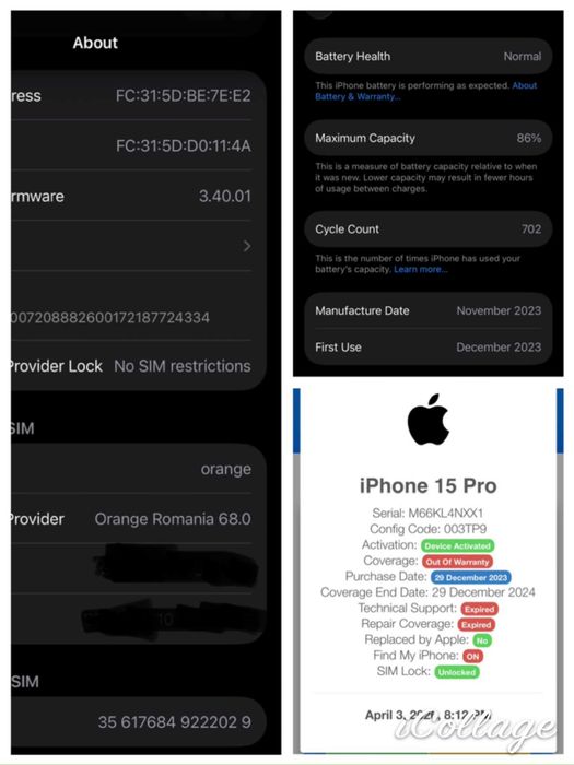 Apple iPhone 15 Pro, White Titanium, 128GB, Neverlocked, 86% Sănătatea Bateriei