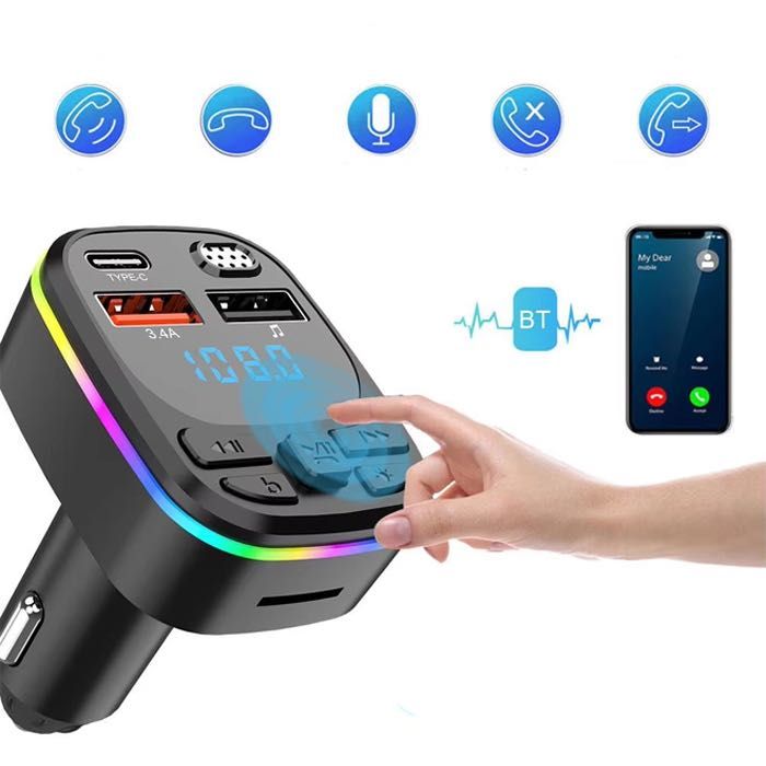 ТОП RGB FM Трансмитер с Type-C, 2 x USB, Bluetooth зарядно за телефон