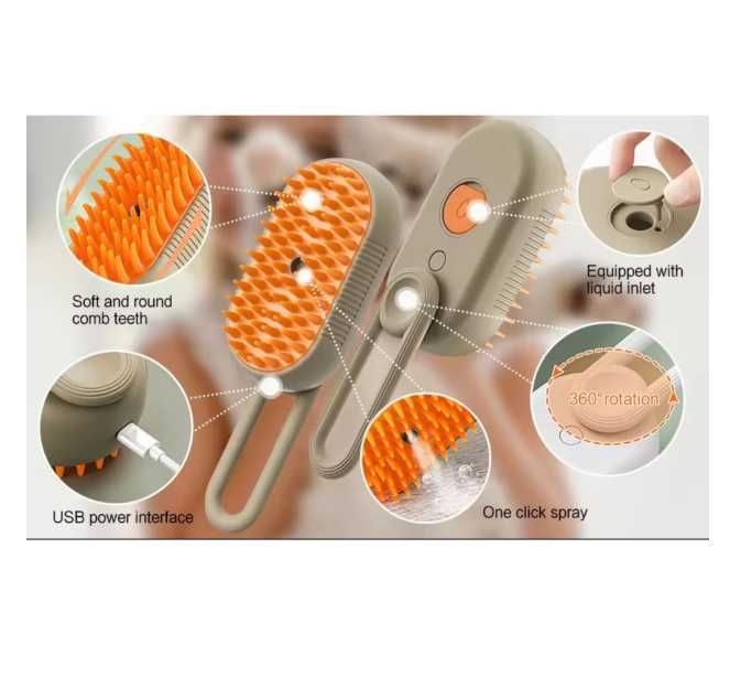 Perie cu Abur Pentru Animale de Companie, 3 in 1, Incarcare USB, Crem