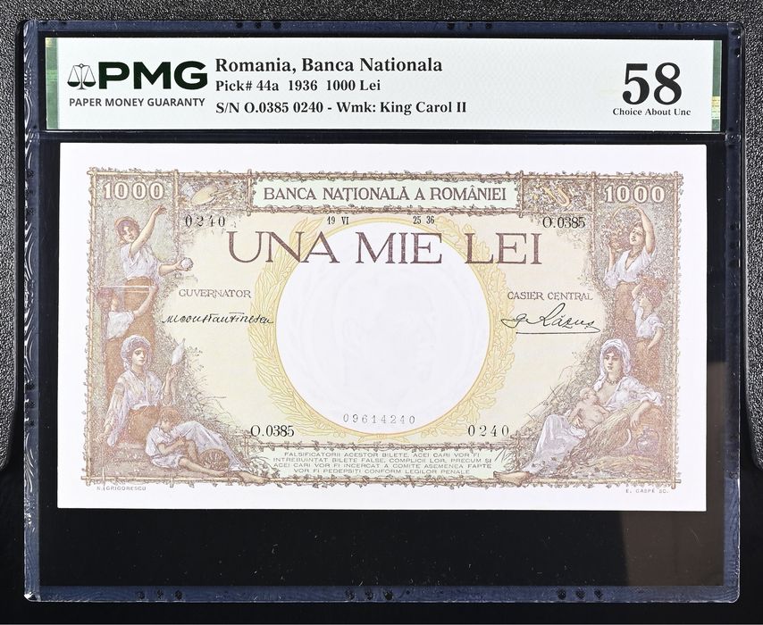 1000 lei 1936 pmg58 aunc bancnota gradata