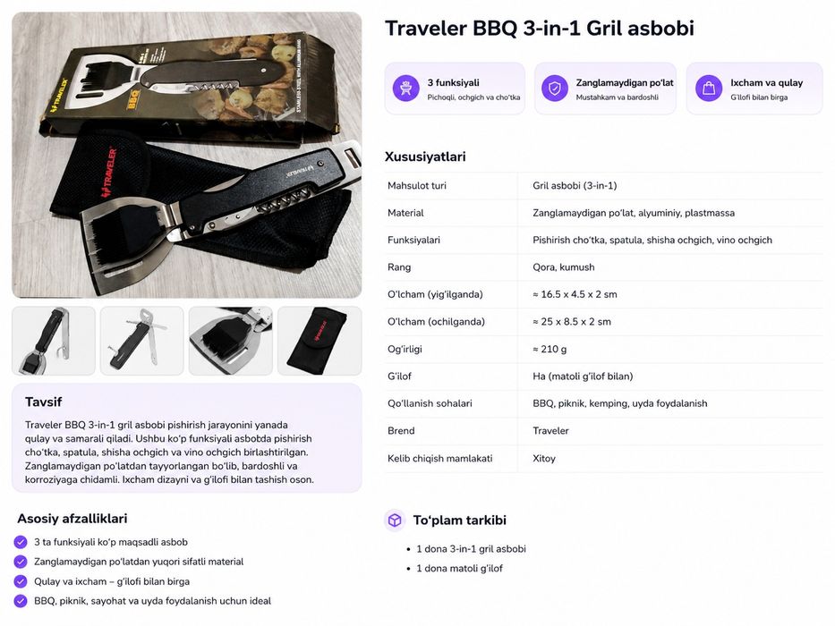 Traveler. Ko‘p funksiyali zanglamas barbekyu to‘plam. BBQ