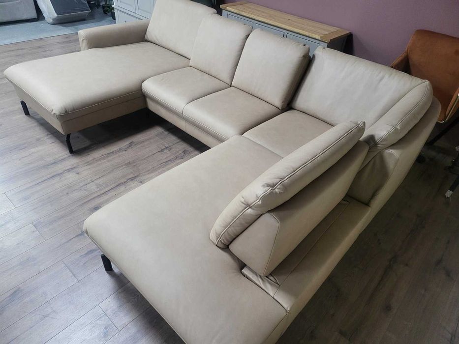 Бежов кожен П образен ъглов диван  MM-ZE1126 с подвижни облегалки