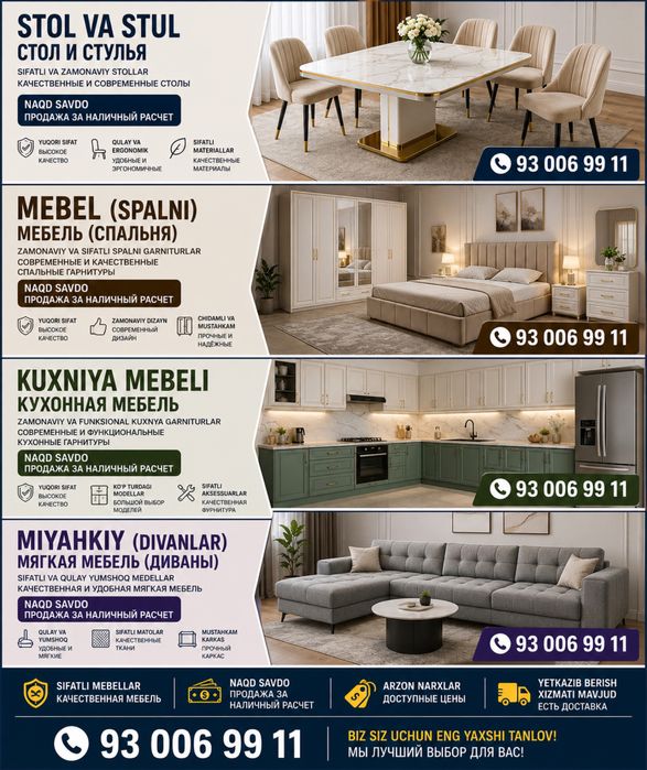 Mebel, stol-stul, kuxniya va yumshoq mebellar