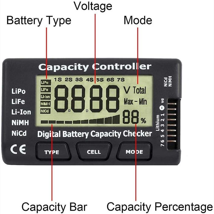 Tester Acumulatori 18650 Li-Ion LiPo NiMH 2-7S Voltaj si Capacitate